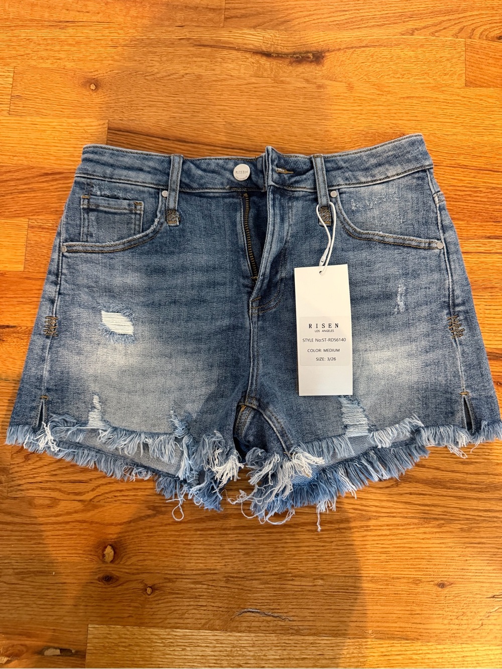 Risen Medium Blue Distressed Denim Shorts with Frayed Hem